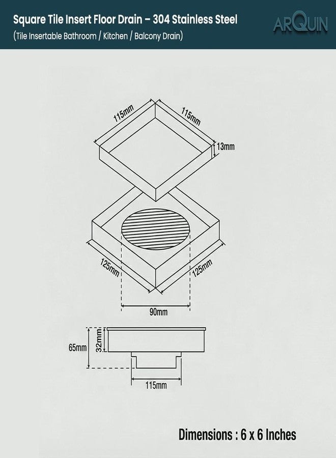 ARQUIN ARQUIN Tile Insert Floor Drain 6x6 Inch 304 Grade Stainless Steel Invisible Bathroom Drain Jali Floor Drainer with Anti-Cockroach Trap | Square Drainer for Bathrooms 1 mm Thickness - Image 3